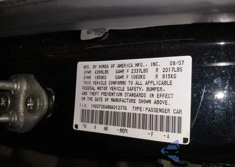 2008 Honda Accord 2.4 Lx-P from USA, damaged, VIN 1HGCP26488A012774